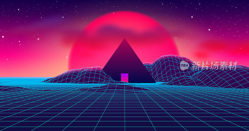 Ancient mysterious pyramid in 80s styled neon landscape with purple sky, sun and blue mountains in retrowave or synthwave style graphics
